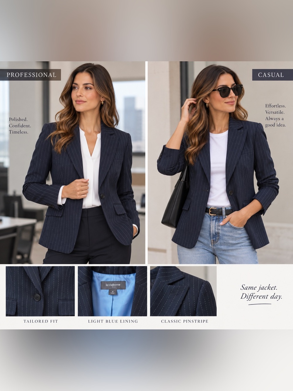 Liz Claiborne Navy Pinstripe Tailored Blazer with Light Blue Lining size 4